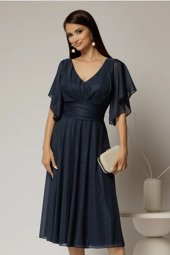 Rochie midi bleumarin din voal cu sclipici si decolteu in V