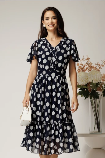 Rochie midi bleumarin din voal in clos cu buline si volanase