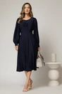 Rochie midi bleumarin din voal plin cu volanase la bust, 3, dyfashion.ro