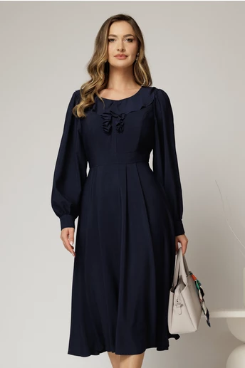 Rochie midi bleumarin din voal plin cu volanase la bust