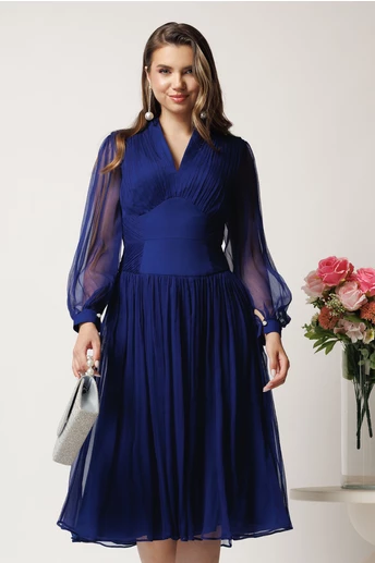 Rochie midi bleumarin in clos din matase naturala- Leonard Collection