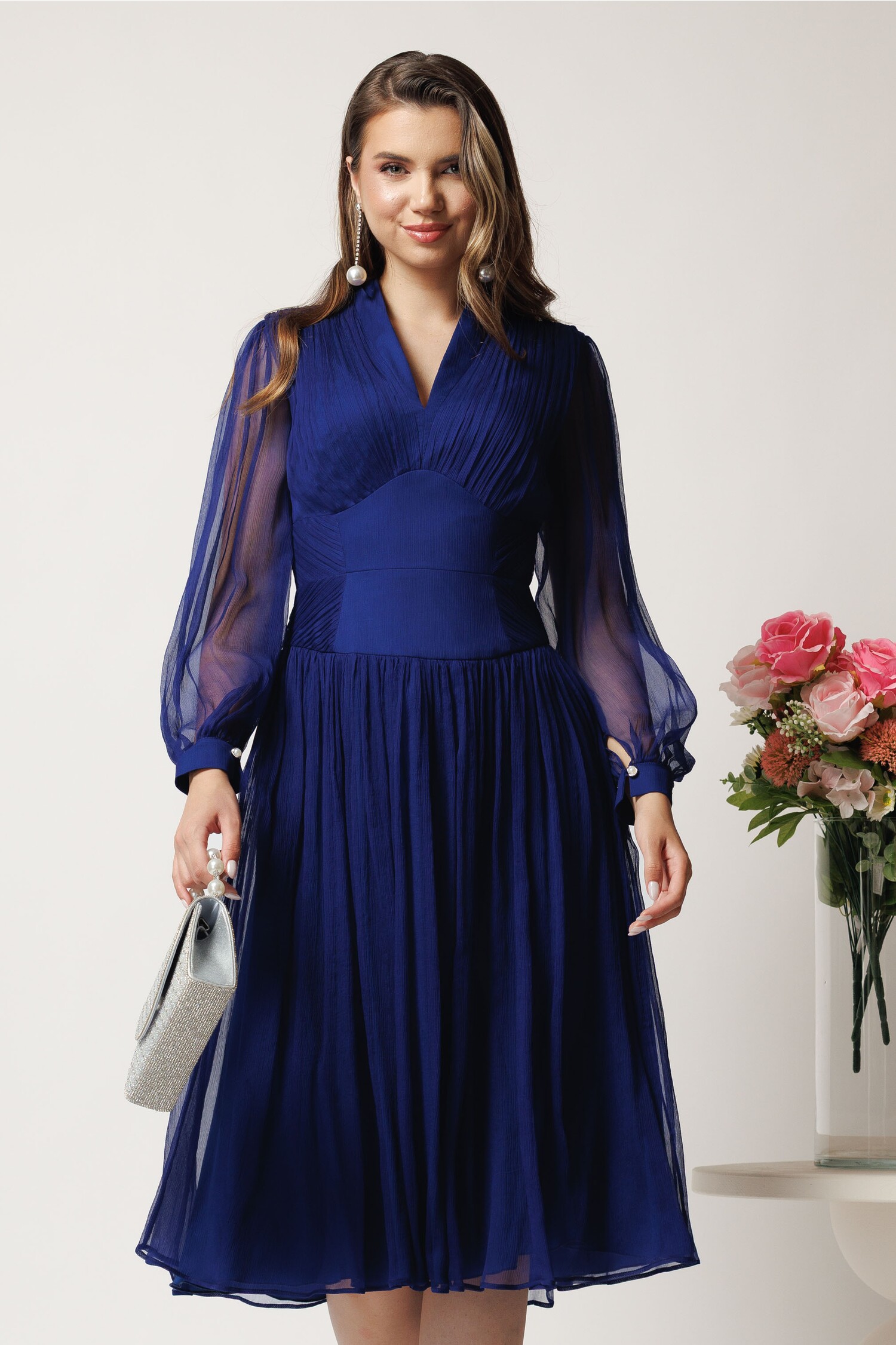 Rochie midi bleumarin in clos din matase naturala- Leonard Collection