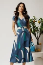 Rochie midi bleumarin in clos din tencel cu imprimeu albastru si curea in talie, 1, dyfashion.ro