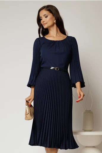 Rochie midi bleumarin plisata cu croi clos si decolteu rotund cu pliuri