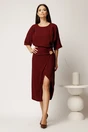 Rochie midi bordo cambrata din triplu voal cu funda si accesoriu pe fusta, 3, dyfashion.ro