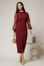 Rochie midi bordo conica cu maneci din dantela si guler barcuta, 3, dyfashion.ro