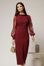 Rochie midi bordo conica cu maneci din dantela si guler barcuta, 1, dyfashion.ro