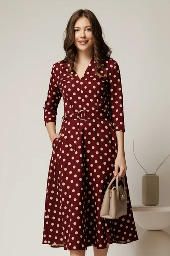 Rochie midi bordo cu buline din stofa cu cordon in talie