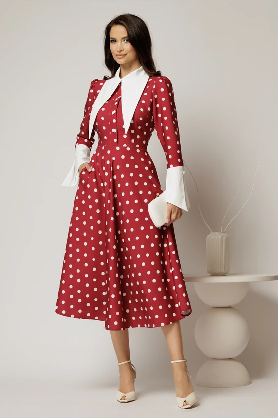 Rochie midi bordo cu buline si guler ascutit