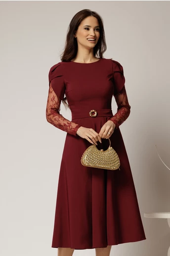 Rochie midi bordo cu maneci din dantela si cordon detasabil