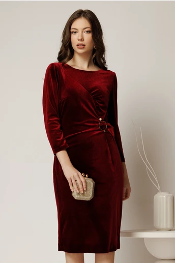 Rochie midi bordo de ocazie din catifea cu accesoriu talie