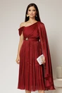 Rochie midi bordo de ocazie din voal peliculizat cu o maneca ampla si brosa pe talie, 1, dyfashion.ro