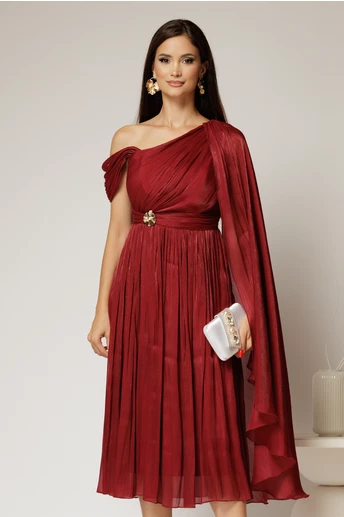 Rochie midi bordo de ocazie din voal peliculizat cu o maneca ampla si brosa pe talie