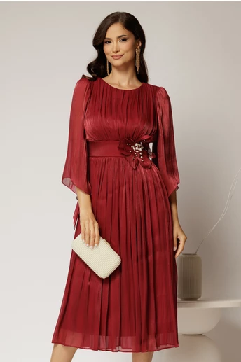 Rochie midi bordo de ocazie din voal peliculizat cu perle pe talie