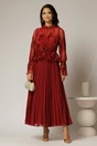 Rochie midi bordo de seara din voal plisat cu perle si paiete, 1, dyfashion.ro