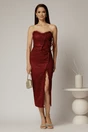 Rochie midi bordo din dantela cu crepeu si detaliu amplu in talie, 3, dyfashion.ro