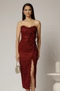 Rochie midi bordo din dantela cu crepeu si detaliu amplu in talie, 1, dyfashion.ro