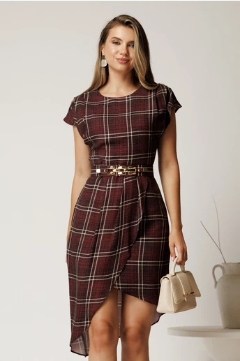 Rochie midi bordo din jerse  cu carouri si curea in talie