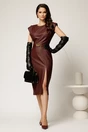 Rochie midi bordo din piele ecologica cu croi conic si curea in talie, 3, dyfashion.ro