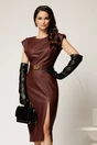 Rochie midi bordo din piele ecologica cu croi conic si curea in talie, 1, dyfashion.ro