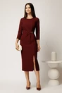 Rochie midi bordo din stofa conica cu pense si accesoriu in talie, 3, dyfashion.ro