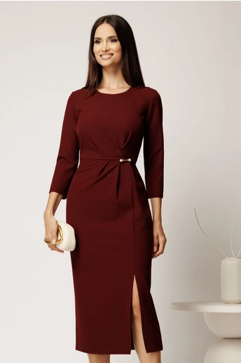 Rochie midi bordo din stofa conica cu pense si accesoriu in talie