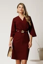 Rochie midi bordo din stofa cu maneci tip lalea si curea in talie, 1, dyfashion.ro