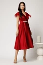 Rochie midi bordo din tafta cu pene la umeri si cordon in talie, 3, dyfashion.ro
