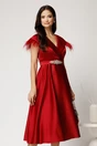 Rochie midi bordo din tafta cu pene la umeri si cordon in talie, 1, dyfashion.ro