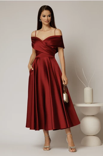 Rochie midi bordo din tafta de ocazie cu umeri goi