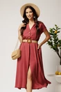 Rochie midi bordo din tencel in clos cu nasturi si curea impletita, 1, dyfashion.ro