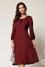 Rochie midi bordo din triplui voal cu maneci si insertii din fir lurex si satin, 1, dyfashion.ro