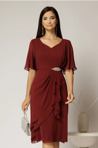 Rochie midi bordo din voal cu accesoriu in talie