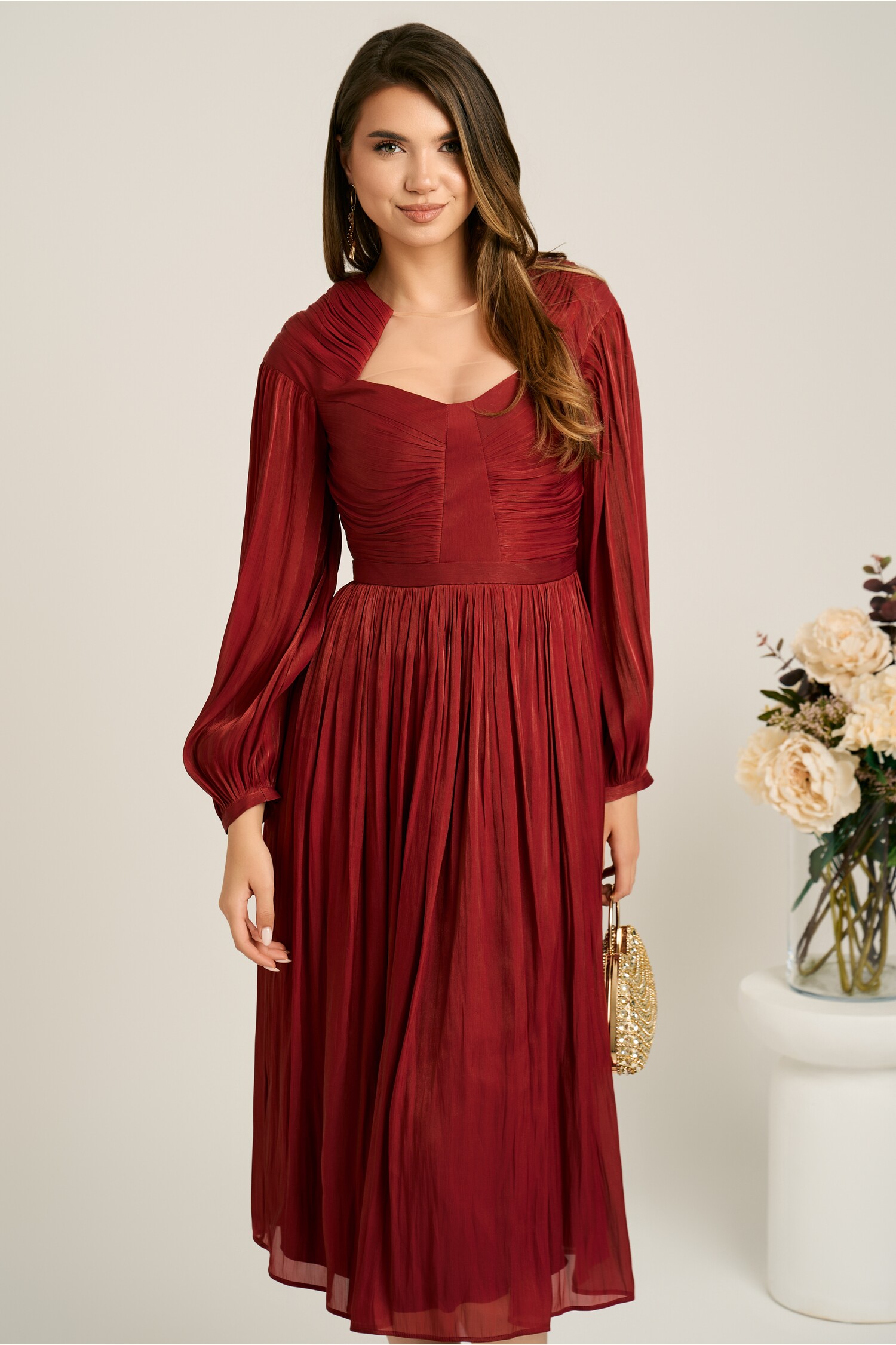 Rochie midi bordo din voal in clos cu aspect sidefat- Leonard Collection