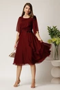 Rochie midi bordo din voal in clos cu broderie florala pe talie, 3, dyfashion.ro