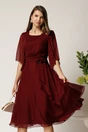 Rochie midi bordo din voal in clos cu broderie florala pe talie, 1, dyfashion.ro