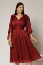 Rochie midi bordo din voal peliculizat cu decolteu petrecut si aplicatii florale, 1, dyfashion.ro