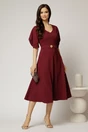 Rochie midi bordo eleganta cu fusta clos, decolteu adanc in V si maneci bufante, 3, dyfashion.ro