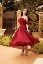 Rochie midi bordo in clos din voal satinat cu volanase la bust si la baza, 3, dyfashion.ro