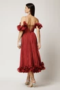 Rochie midi bordo in clos din voal satinat cu volanase la bust si la baza, 4, dyfashion.ro