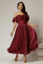 Rochie midi bordo in clos din voal satinat cu volanase la bust si la baza, 1, dyfashion.ro
