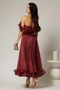 Rochie midi bordo in clos din voal satinat cu volanase la bust si la baza, 2, dyfashion.ro