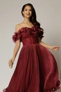 Rochie midi bordo in clos din voal satinat cu volanase la bust si la baza, 3, dyfashion.ro