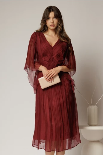 Rochie midi caramizie din matase clos si decolteu V