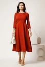 Rochie midi caramizie din stofa in clos cu catarame in talie, 2, dyfashion.ro