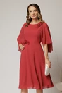 Rochie midi caramizie din voal in clini cu flori pe talie si umar, 1, dyfashion.ro