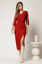 Rochie midi conica rosu inchis cu perle pe maneci si funda in talie, 3, dyfashion.ro