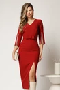 Rochie midi conica rosu inchis cu perle pe maneci si funda in talie, 1, dyfashion.ro