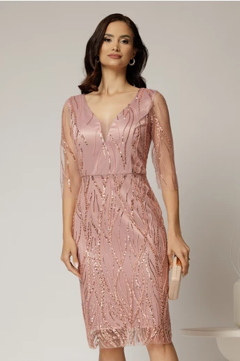Rochie midi conica roz din tull cu paiete