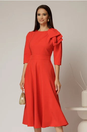 Rochie midi corai clos cu funda ampla pe umar si cordon detasabil